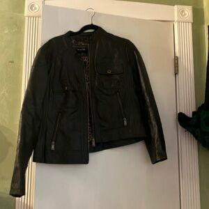 Women’s black cheetah print leather jacket